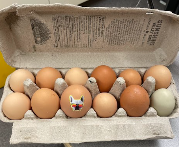 A carton of eggs with a cat face sticker on the side</p>
<p>Description automatically generated