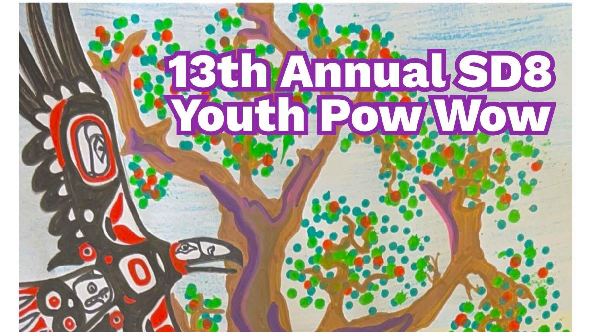 Colourful poster of a tree, eagle, salmon and butterfly advertising a youth pow wow.