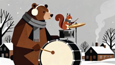 Drawing of a bear playing bass drum and a squirrel playing top hat snare, both wearing winter scarves and the bear wearing ear muffs. 