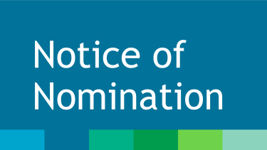 Blue graphic with green and blue printer bar at the bottom with the text Notice of Nomination in white letters